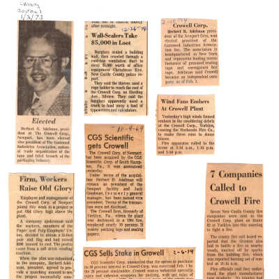 Miscellaneous newspaper clippings regarding Crowell Tape Mill including the 1964 fire and company ownership