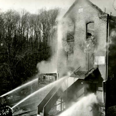 Crowell Tape Mill on fire, 1964