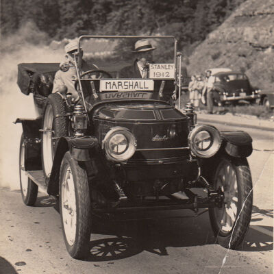 1951 Glidden Tour - T Clarence Marshall and Homer Kratz in 1912 Stanley Touring Model 87 on National Road (Route 40) in Cumberland, MD, 1951