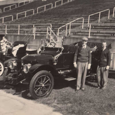 1954 AACA Meet - Thomas C Marshall Jr and George Du V Dairs with the 1913 Stanley Model 76 touring "Becker" car at Hershey Stadium
