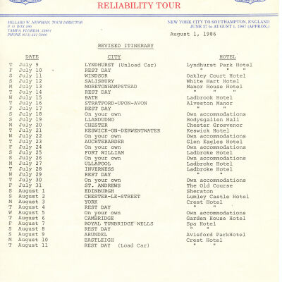 1987 Transatlantic Tour itinerary
