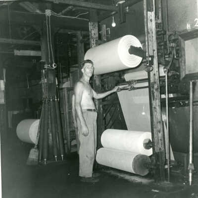 Lew Ravilious operating the Crowell Tape Mill splitter machine