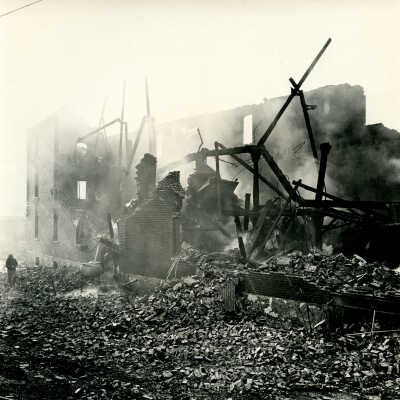 Crowell Tape Mill main building after fire, 1964