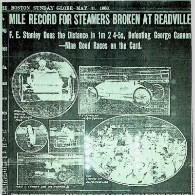 1903 article in Boston Globe regarding FE Stanley speed record at Readville, MA