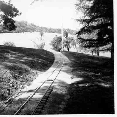 Finished railroad on the front lawn, 1960