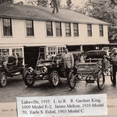 1955 Lakeville, CT Meet - B Gardner King with 1909 Stanley Model E-2, James Melton with 1910 Stanley Model 70 and Earle S Eckel with 1903 Stanley Model C, 1955