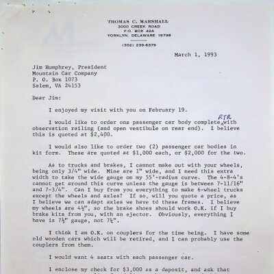 1993 correspondence between Thomas C Marshall, Jr., and Mountain Car Company regarding orders for the AVRR Pullman cars