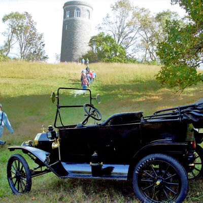 2016 Granoque Fall Meet - 1914 Ford Model T and Kelly Williams below water tower