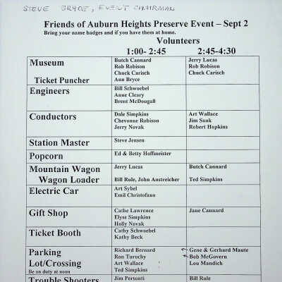 2007 - volunteer schedule for September Steamin' Day