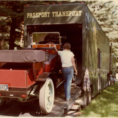 1982 Transcontinental Tour - trailering the 1912 Stanley Model 87 at Sewickley, PA, for the trip to Pebble Beach, CA