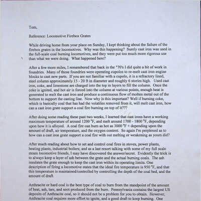 Undated memo from Scott Cruse to Thomas C Marshall, Jr., related to locomotive firebox grate failures