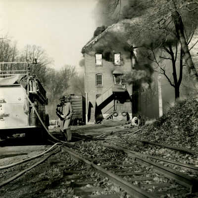 Crowell Tape Mill on fire, 1964