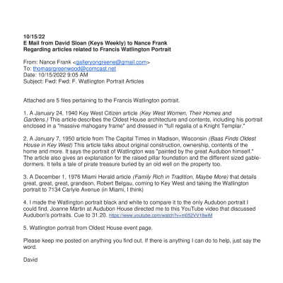 E mail from David Sloan to Nance Frank re: Info About Francis Watlington Painting