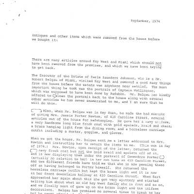 1974 Letter describing condition of house and furniture after Earle Johnson Died