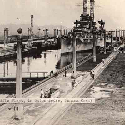 Texas going through Panama Canal post card