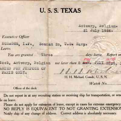 USS Texas Leave Pass 1924