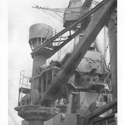 Post 1948 B&W photograph of aft side of port crane and foremast, Battleship Texas