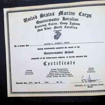 page nine of 2025.1028.16: Harold Nichols's certificate for Quartermaster School 6/30/44