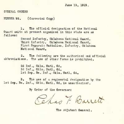 General Order #98 Headquarters Oklahoma National Guard-1919 (Corrected Copy)