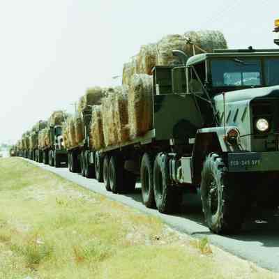 Convoy loaded with hay bales stopped along the roadside