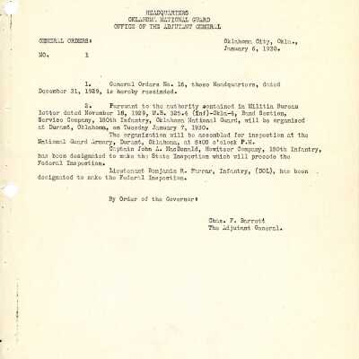 General Order #1 Headquarters Oklahoma National Guard-1930