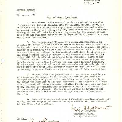 General Order #23 Headquarters Oklahoma National Guard-1940