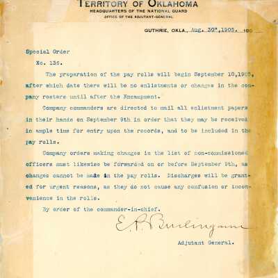 Special Order #136 Headquarters Oklahoma National Guard-1905