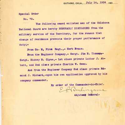 Special Order #73 Headquarters Oklahoma National Guard-1904