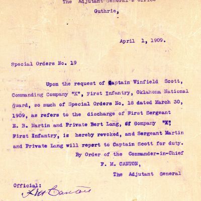 Special Order #19 Headquarters Oklahoma National Guard-1909