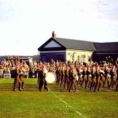 45th Division band marching on football field