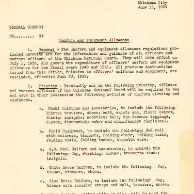 General Order #9 Headquarters Oklahoma National Guard-1939
