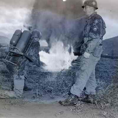 Soldier practicing with a flamethrower