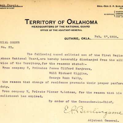 Special Order #21 Headquarters Oklahoma National Guard-1906