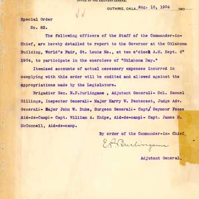 Special Order #82 Headquarters Oklahoma National Guard-1904