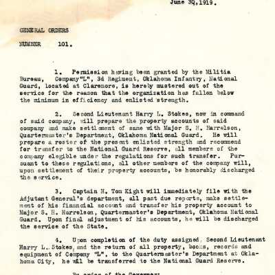 General Order #101 Headquarters Oklahoma National Guard-1919