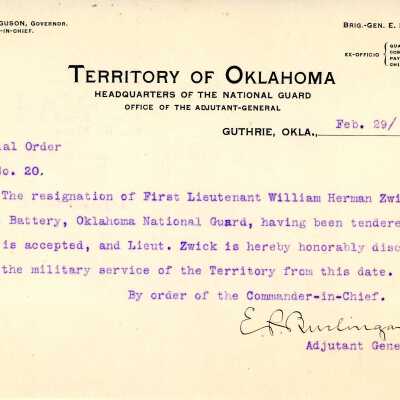Special Order #20 Headquarters Oklahoma National Guard-1904