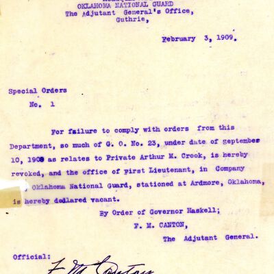 Special Order #1 Headquarters Oklahoma National Guard-1909
