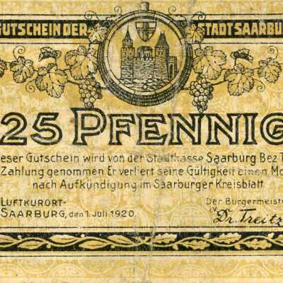 German City of Saarburg Twenty-Five Pfennig Notgeld-1920