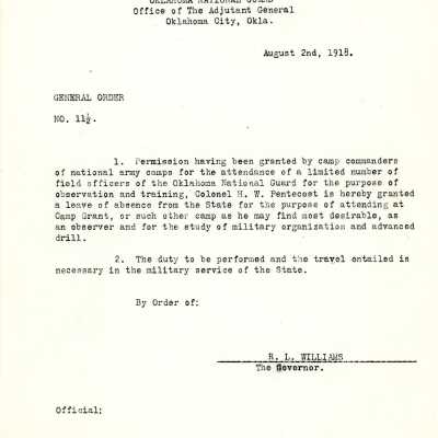 General Order #11.5 Headquarters Oklahoma National Guard-1918