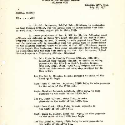 General Order #18 Headquarters Oklahoma National Guard-1937