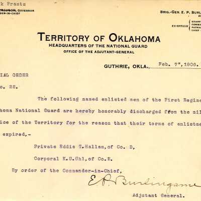 Special Order #22 Headquarters Oklahoma National Guard-1906