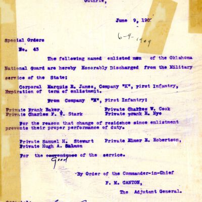 Special Order #43 Headquarters Oklahoma National Guard-1909