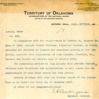 Special Order #159 Headquarters Oklahoma National Guard-1905