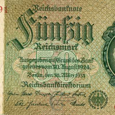 German Reichsbanknote Fifty Reichsmark Type 1933 "Great Men of the 19th Century" Issue