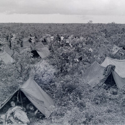 Platoon of soldiers in pup tents in a scrub area