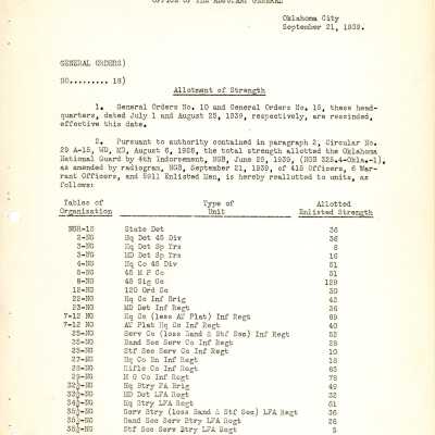 General Order #18 Headquarters Oklahoma National Guard-1939