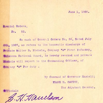 Special Order #52 Headquarters Oklahoma National Guard-1908