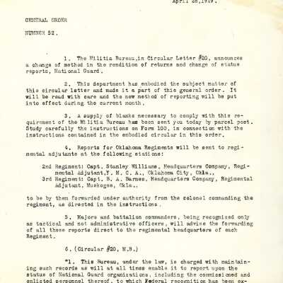 General Order #52 Headquarters Oklahoma National Guard-1919