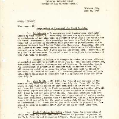 General Order #13 Headquarters Oklahoma National Guard-1938