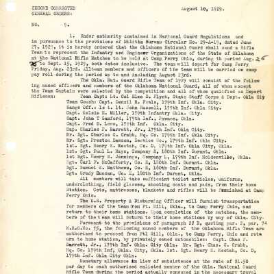 General Order #9 Second Corrected Copy Headquarters Oklahoma National Guard-1929